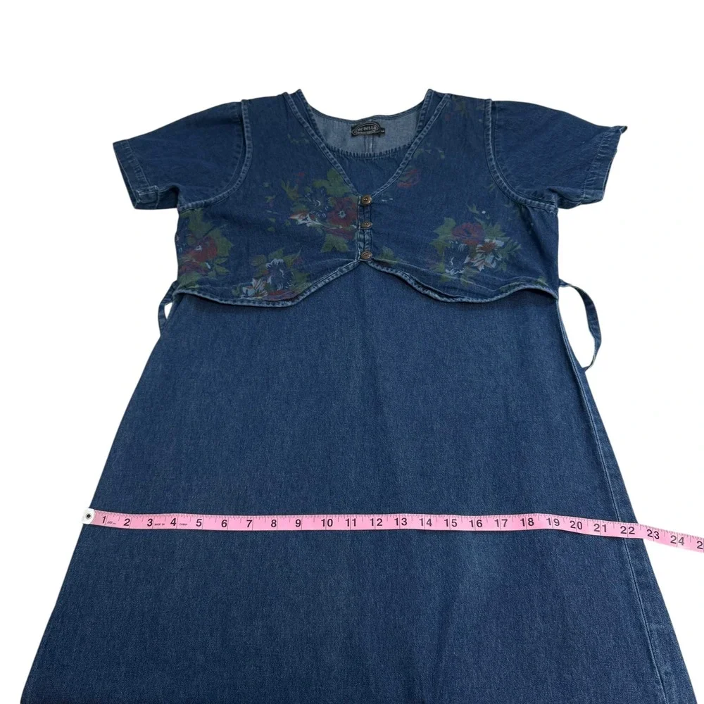Vintage | Che Bella | Denim Floral Layered Maxi Dress Blue Medium Wash Size L - Picture 14 of 16